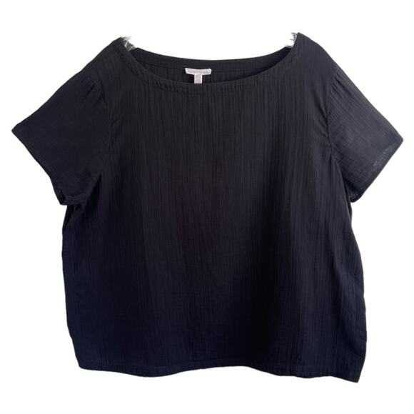 Eileen Fisher Tops - Eileen Fisher Sz XL Bateau Neck Crinkle T-Shirt Black Woven Cotton Casual Cool